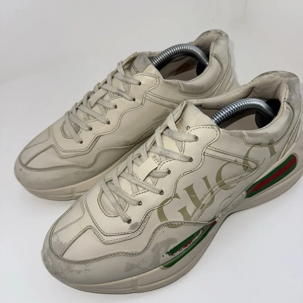 Gucci Rhyton Web Print Leather Sneakers Mens 9.5G US10 EU43.5 Ivory 523535 Italy